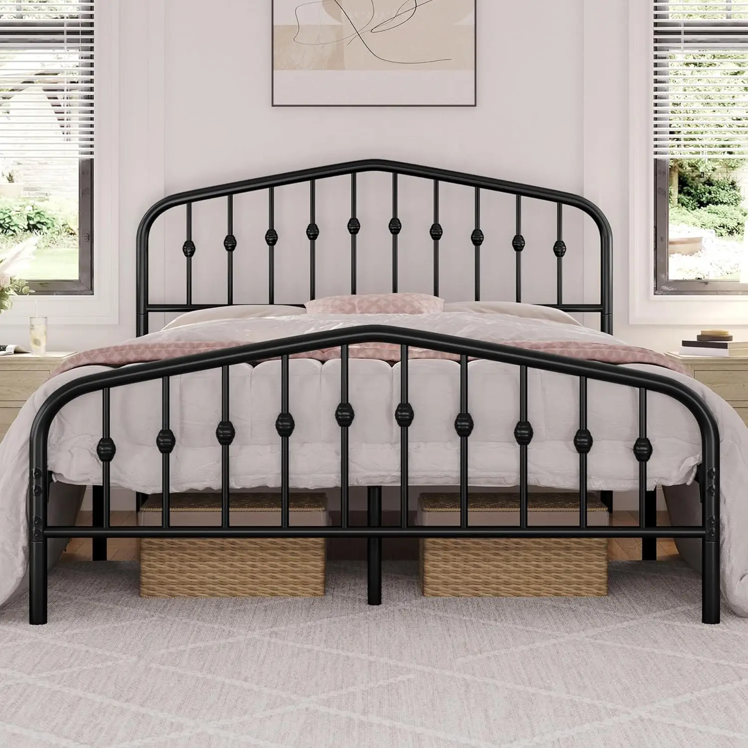 Queen Bed Frames Metal Platform Bed with Victorian Style Wrought Iron Headboard and Footboard/Easy Assembly/No Box Spring Needed