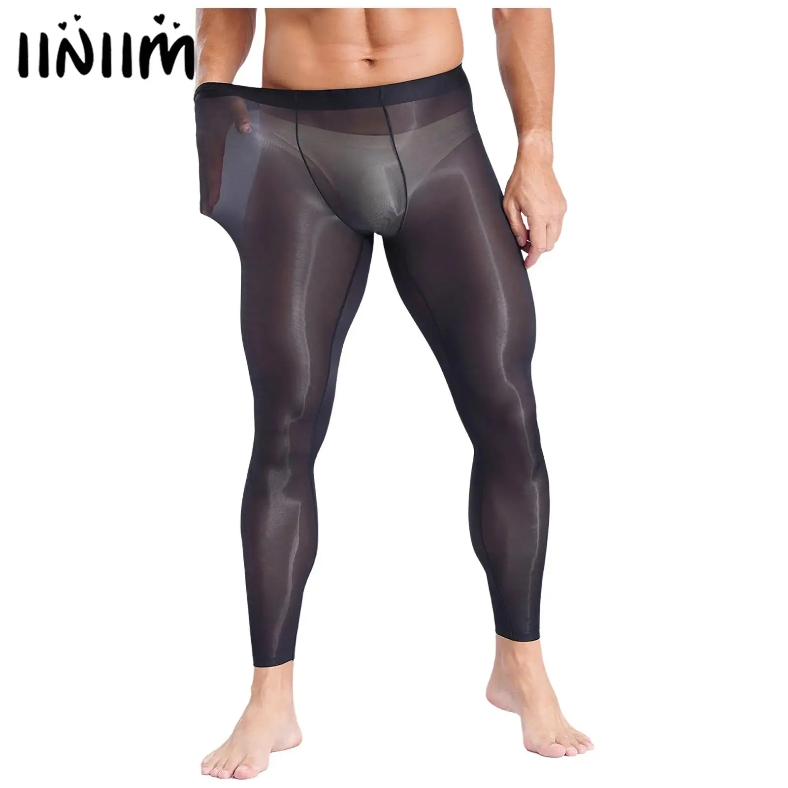 

Mens Ice Silky Yoga Fitness Leggings Pilates Pants Ultra-Thin Bulge Pouch Tights See Through Stretchy Pants Bodybuilding Costume