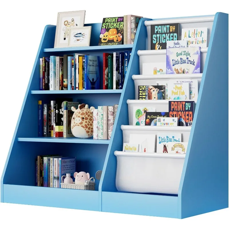 4 Tier Kids Wooden Bookshelf, 5 Layer Sling Toddler Bookcase,Baby Storage Book Rack and Toy Organizer Cabinet