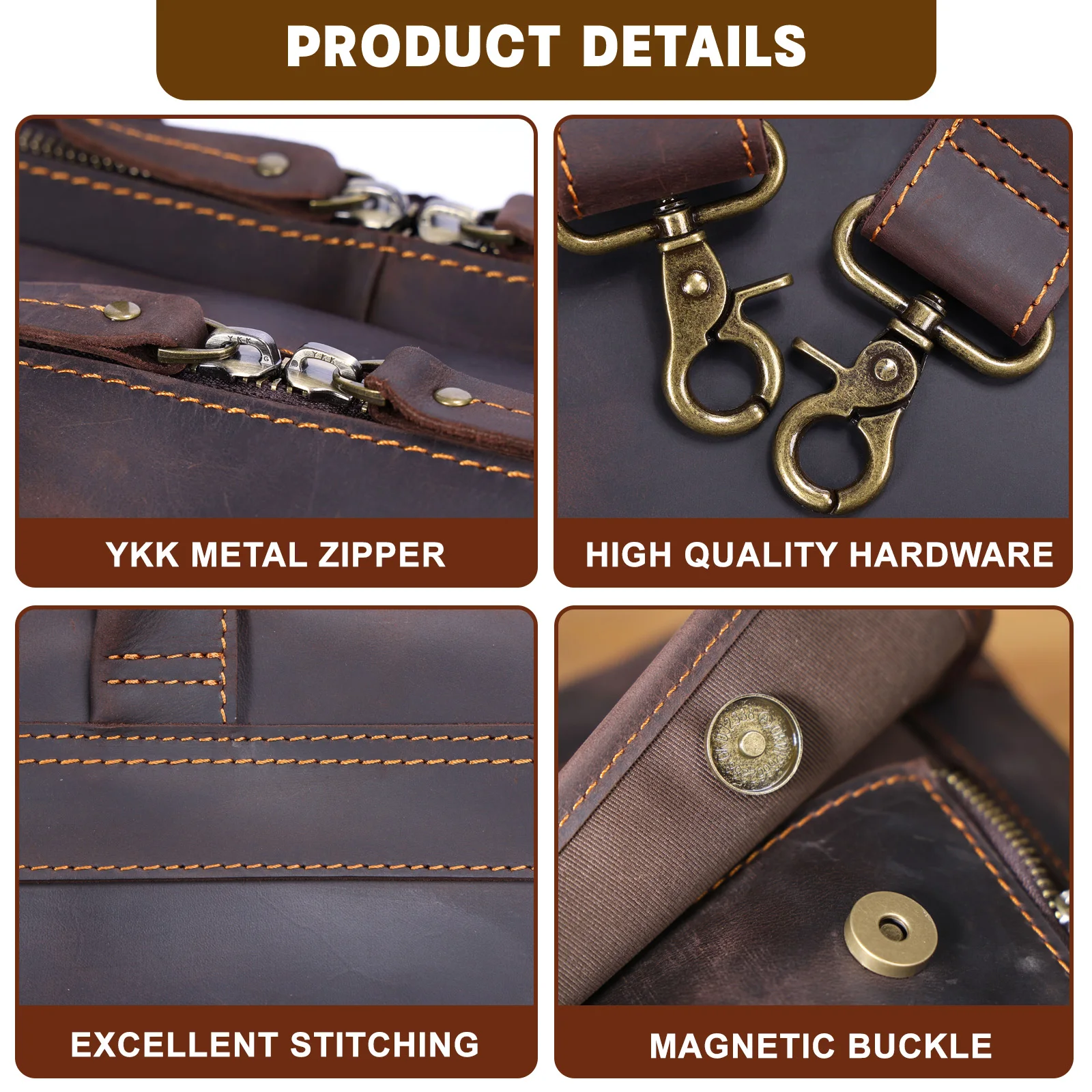 Vintage Echtleder Herren-Aktentasche 17" Laptop-Tasche, Messenger-Taschen für Arbeit und Business, Crazy Horse Rindsleder Handtasche – Detail 12