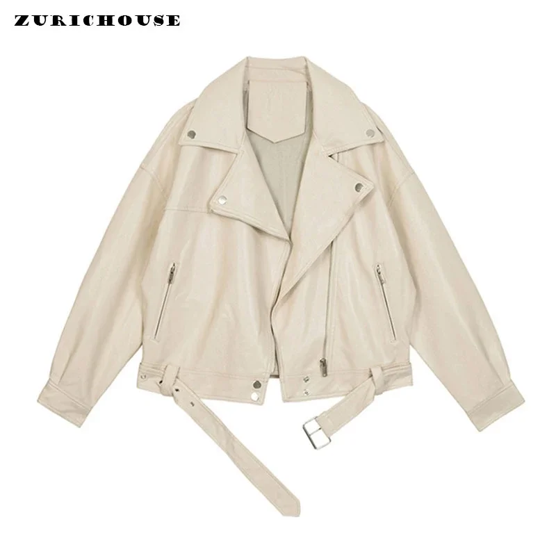 

Simple Solid Casual Oversized Leather Jacket for Women 2024 New BF Style Black White Faux Leather Motorcycle Jacket with Belt