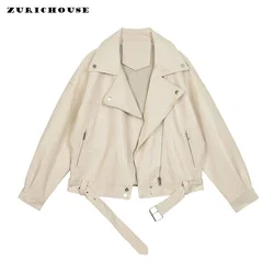 Simple Solid Casual Oversized Leather Jacket for Women 2024 New BF Style Black White Faux Leather Motorcycle Jacket with Belt