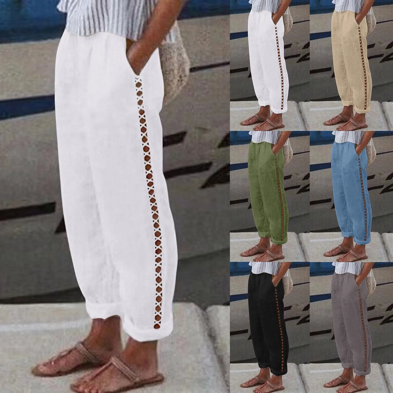 Women Cotton Linen Loose Wide Leg Pants 2023 Spring Summer Casual Solid Drawstring Elastic Waist Comfy Trousers Hollow design