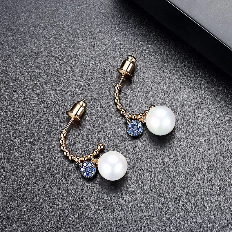 FXLRY New Simple Design Gold Color Long Line Imitation Pearl Round Shape Drop Earrings Cubic Zirconia For Women Fashion Jewelry