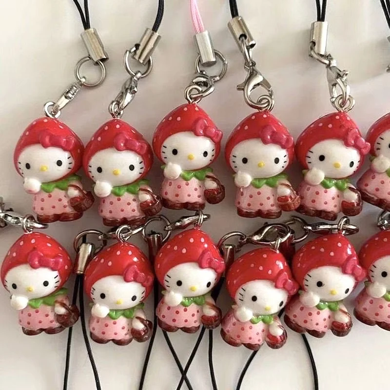 Strawberry Holle Kitty Mobile Phone Pendant Kawaii Cute Funny DIY Backpack Pendant Keychains Decoration Friend Birthday Gift