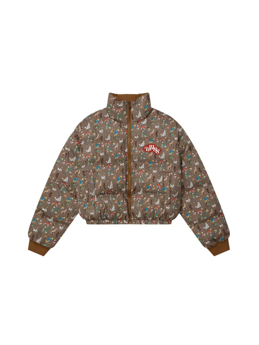 

Женская теплая утолщенная хлопковая куртка оверсайз с воротником-стойкой и анималистичным принтом в уличном стиле