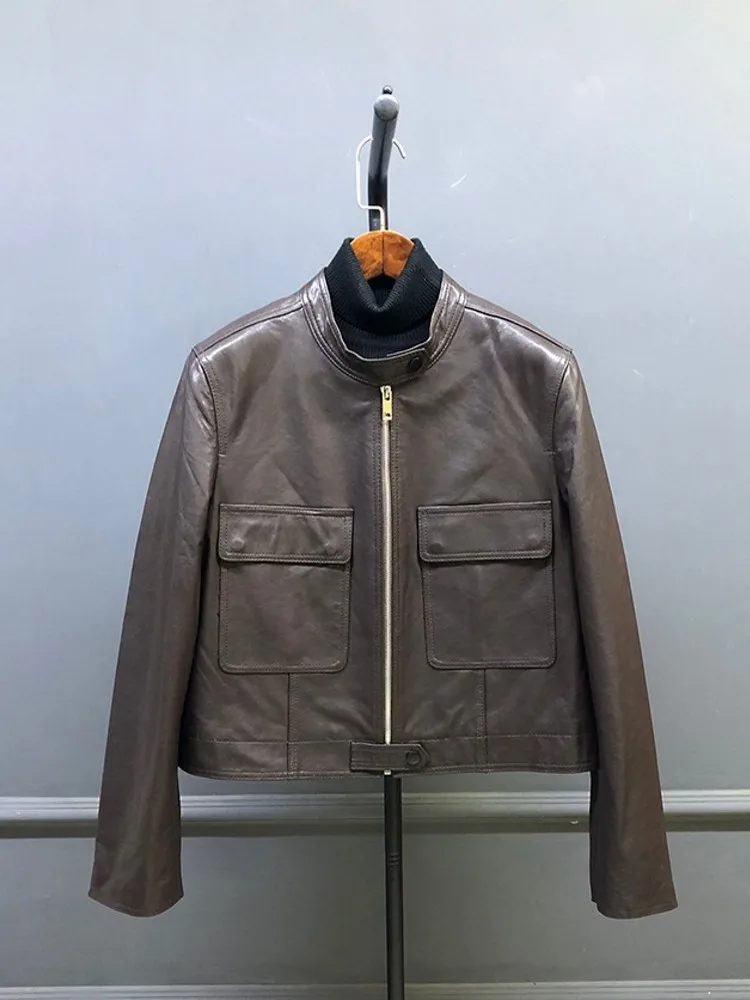 Moda femminile casual tipo sciolto pelle di pecora o collo giacca cerniera elegante donna vera pelle corta moto ciclismo capispalla