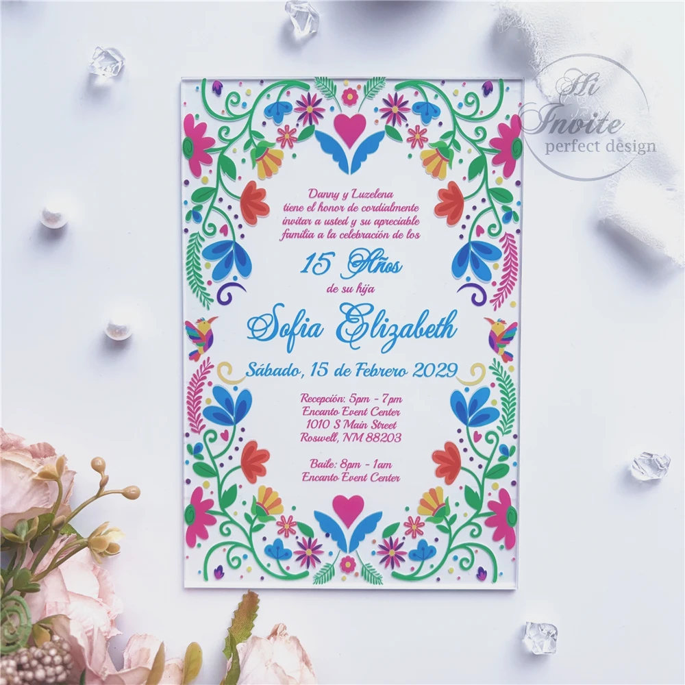 

Мексиканская тема, цветочный акрил, приглашение Quinceañera, персонализированная тема Fiesta, сладкий акрил, Fancy XV Anos invite