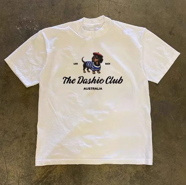 2025 moda 100% Camiseta unisex de algodón Dashie Club letra australiana y patrón de perro impreso pantalón corto Casual Camiseta de manga