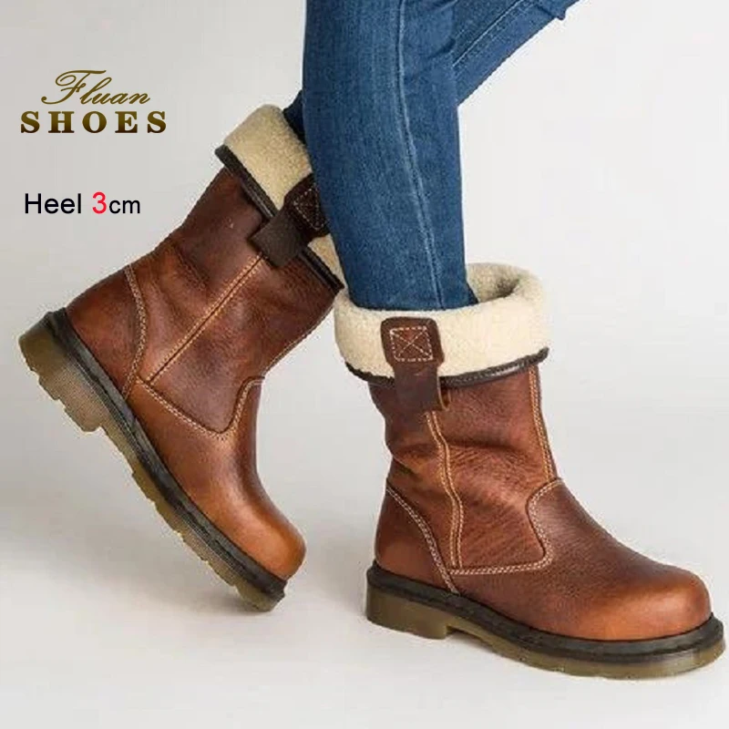 

Winter Brown Women's Mid-Calf Boots Round Toe Chunky Low Heels 3cm Slip-On Ladies Knight Boots Vintage PU Leather Shoes Size 43
