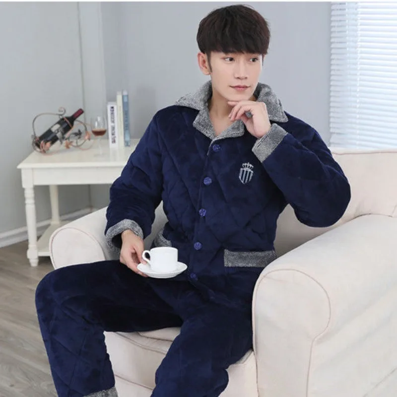 

Pajamas men's winter thick three-layer flannel cotton jacket plus size set winter cotton jacket men's plush home clothing