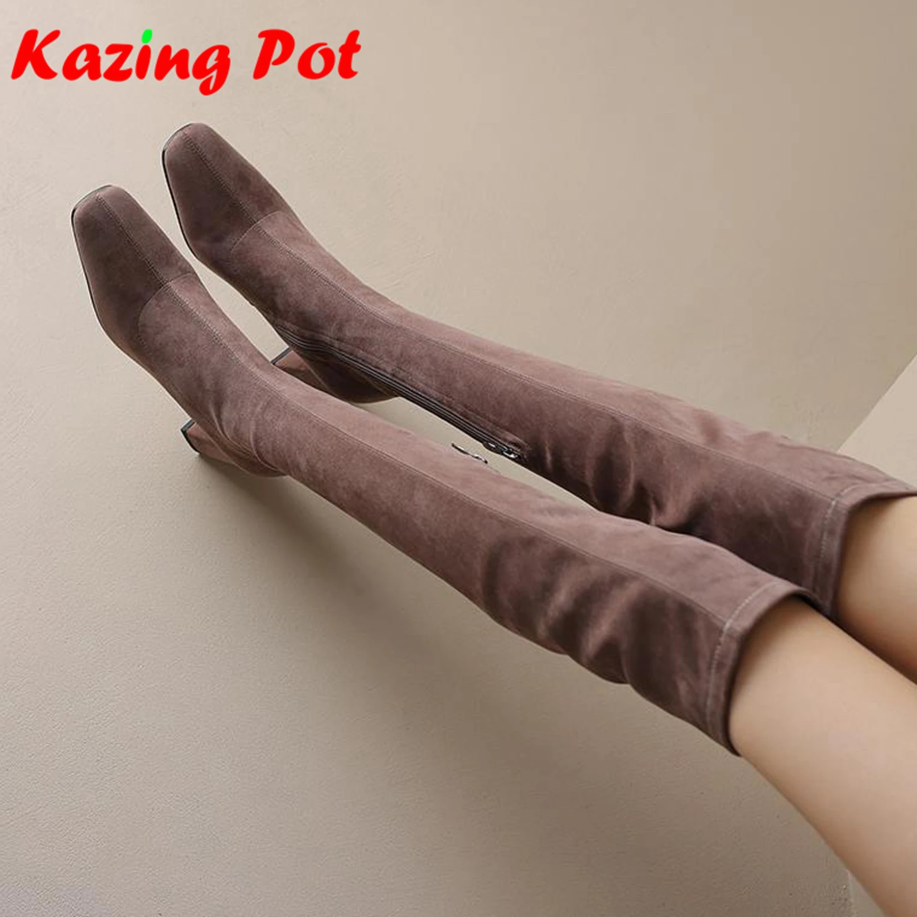 

Krazing Pot Flock High Heels Square Toe Stretch Long Boots Slip On Elegant Modern Superstars Ins Beauty Lady Over-the-knee Boots