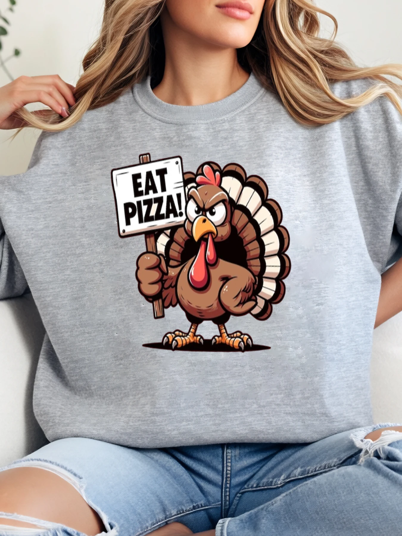 

Толстовка с круглым вырезом и принтом Турции Eat Pizza на День Благодарения, женская повседневная одежда, вечерние, серые, большие размеры