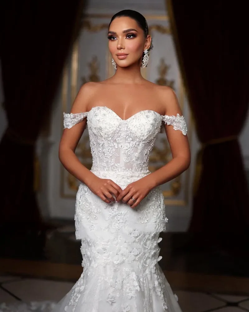 Flavinke مخصص ستة قبالة الكتف الحبيب الرقبة اللؤلؤ يزين الدانتيل زهرة حورية البحر فساتين الزفاف Vestido De Noiva