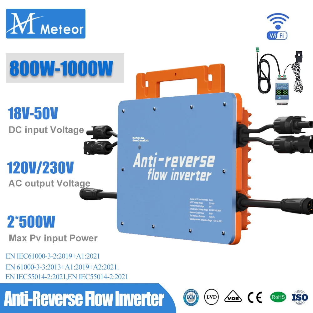 

Meteor 800W/1000W Solar Grid-Tie Micro Inverter Limiter Sensor PV Input 20-60V, output 120/230VAC with WiFi&Anti-Backflow