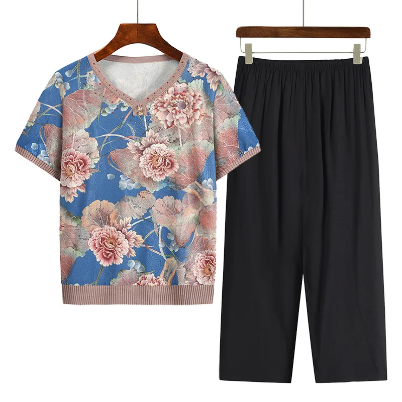 Conjunto de dos piezas para madre de mediana edad, ropa de dormir elegante, camiseta, pijama de abuela, Conjunto de pijama de verano, ropa de casa de talla grande 4XL