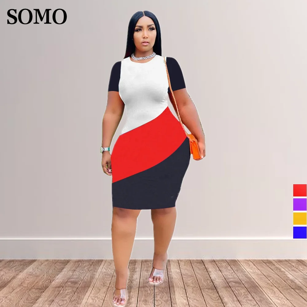 Casual Fat Ladies Plus Size abbigliamento donna abito manica corta moda Splicing abiti girocollo Dropshipping all'ingrosso