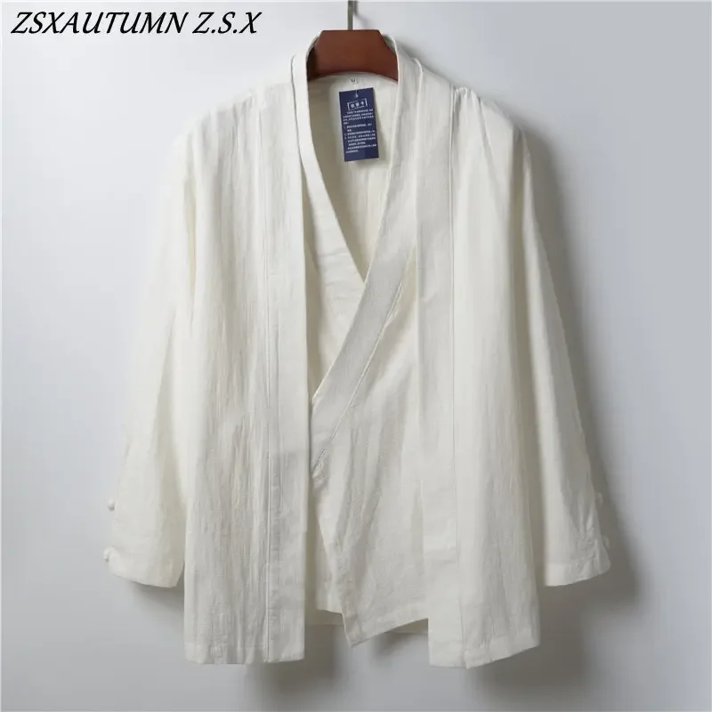 Chinese Style Men Linen Hanfu Cardigan Tops Zea Tea Kung Fu Shirts Japanese Kimono Jackets Coats Robe Oriental Fashion Clothing