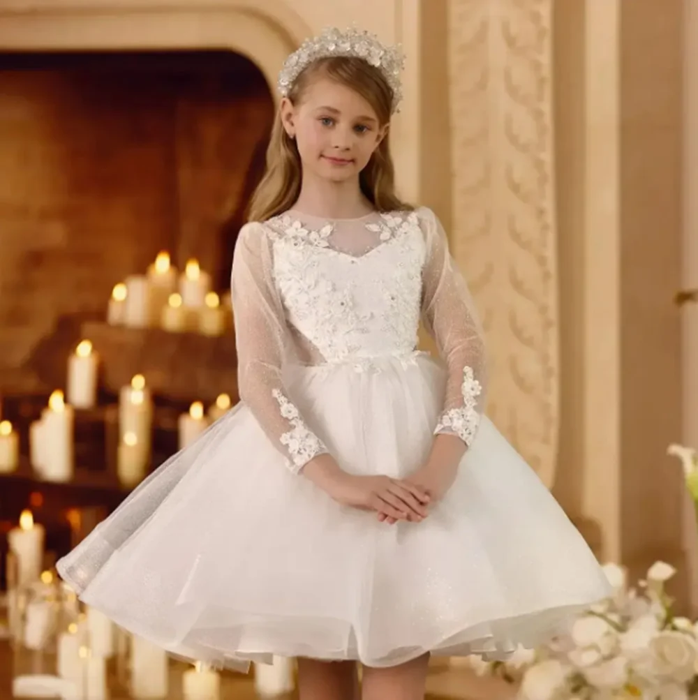 カスタマイズされたエレガントなフラワーガールドレス結婚式用グリッターチュールふくらんアップリケ子供の誕生日パーティープロムフォーマルな機会のガウン