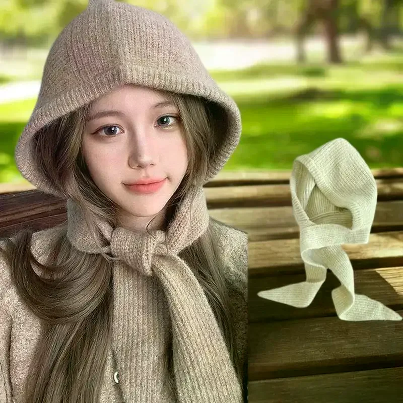 الكورية هود وشاح بالاكلافا قبعة سدادات حماية الأذن الدافئة منفذها القبعات النساء الرجعية حزام القوس بيني الشتاء اكسسوارات محبوك القانون قبعة #3