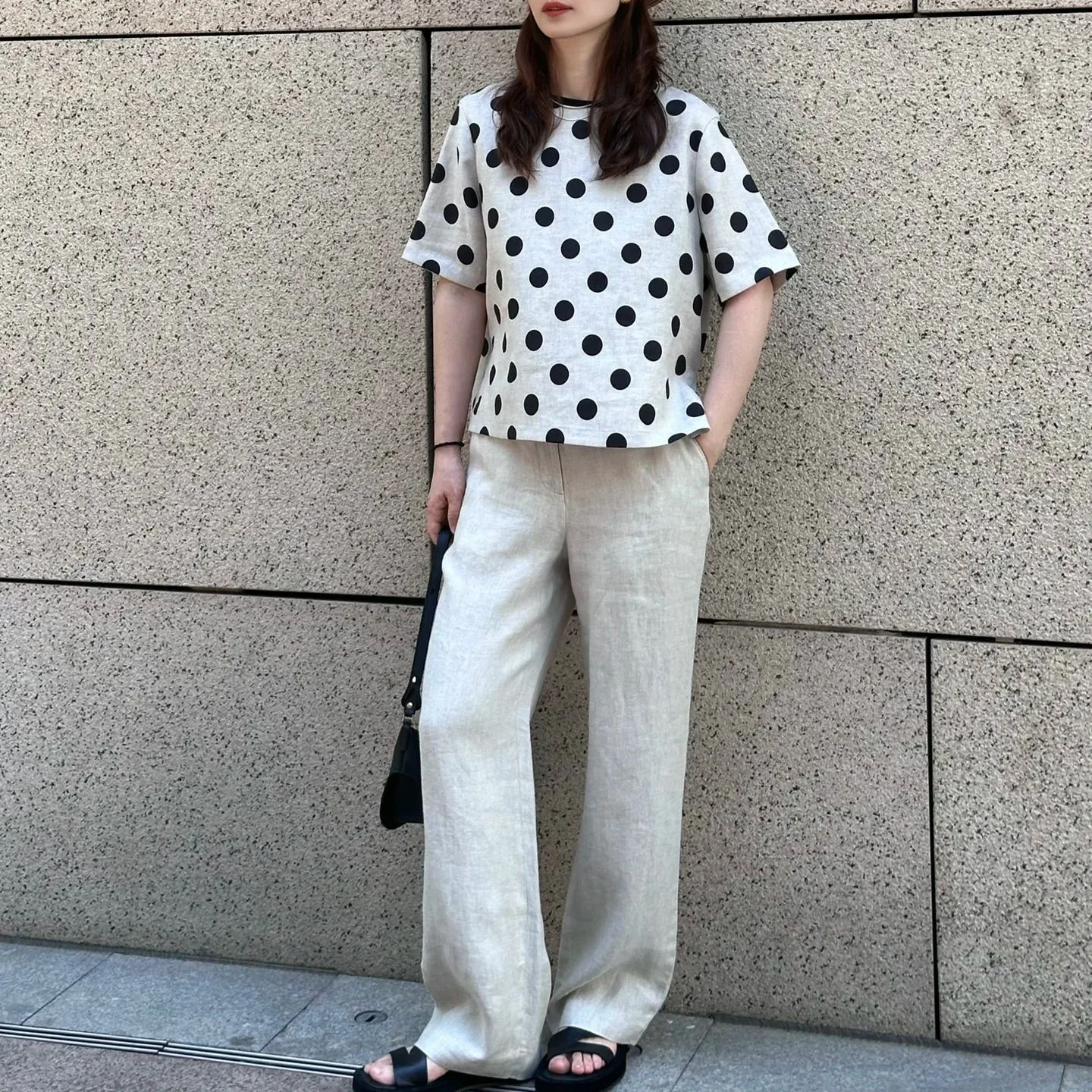 Polka Dot Print Anzug Twill Leinen Kurzarm Top Sommer Casual Rundhals T-Shirt Vintage Polka Dot Rock
