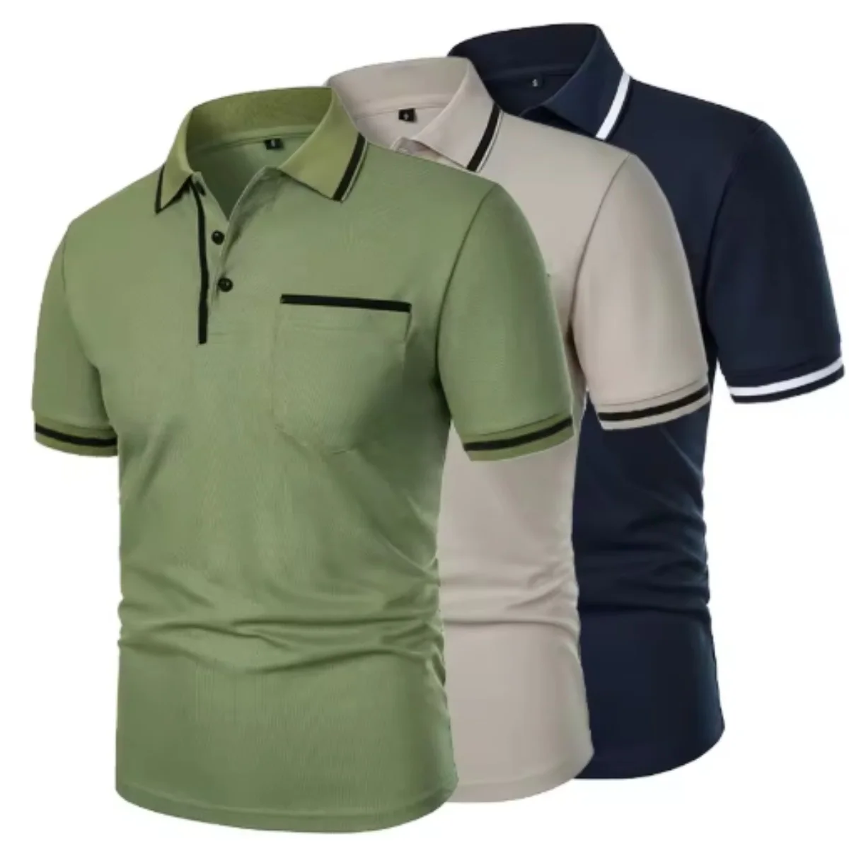 New Men's Short Sleeve Polo Shirts Solid Color Casual T-shirt Summer Trendy Breathable Loose Basic Splice Top Pockets Men Shirts