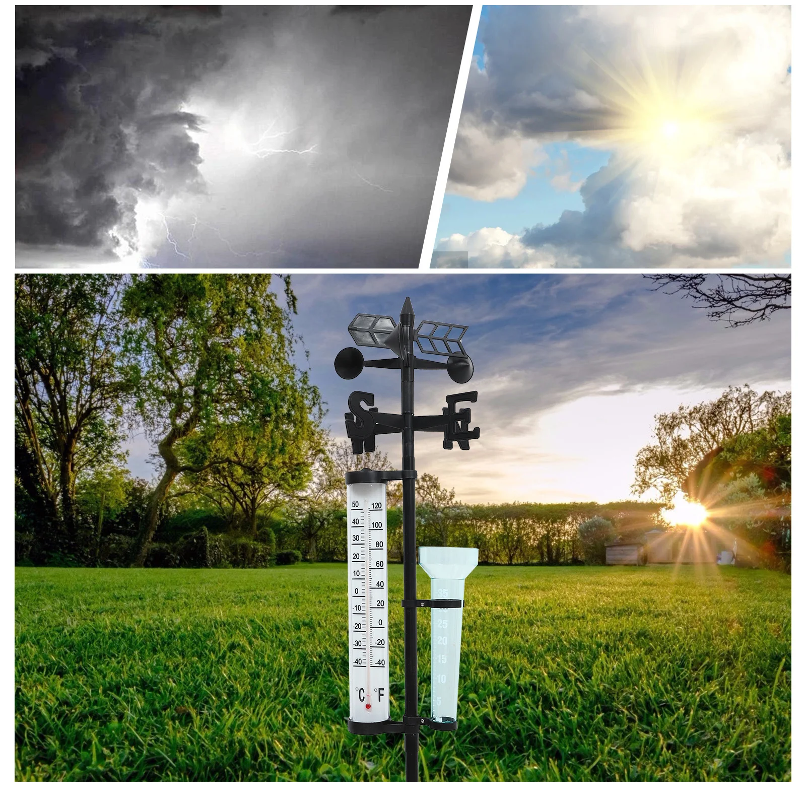 

3 in 1 Outdoor Meteorology Instrument Wind Direction Meter Anemometer Rain Gauge Thermometer Fahrenheit Celsius Garden Stake