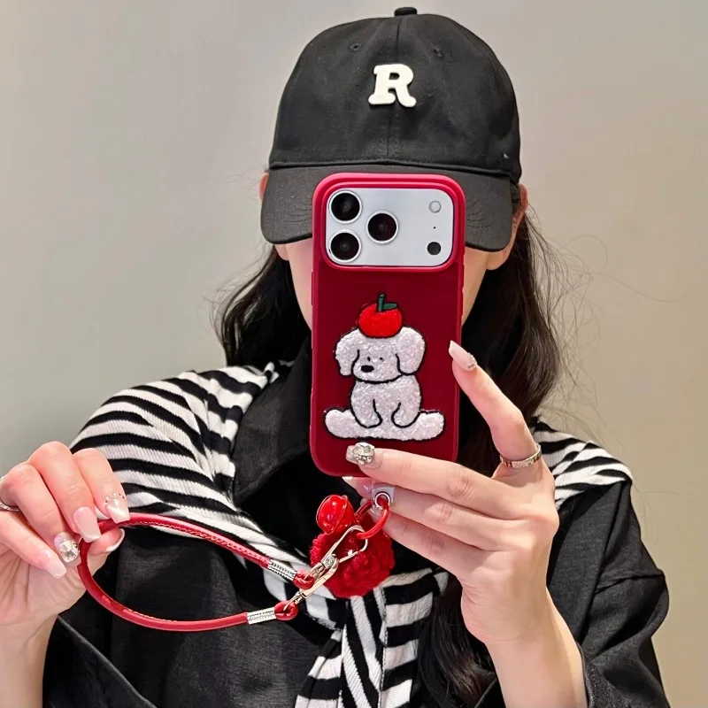 Cartoon Apple Dog Soft Case with Wrist Strap For iPhone 17 16 15 14 13  Pro Max Women Cute Phone Cover