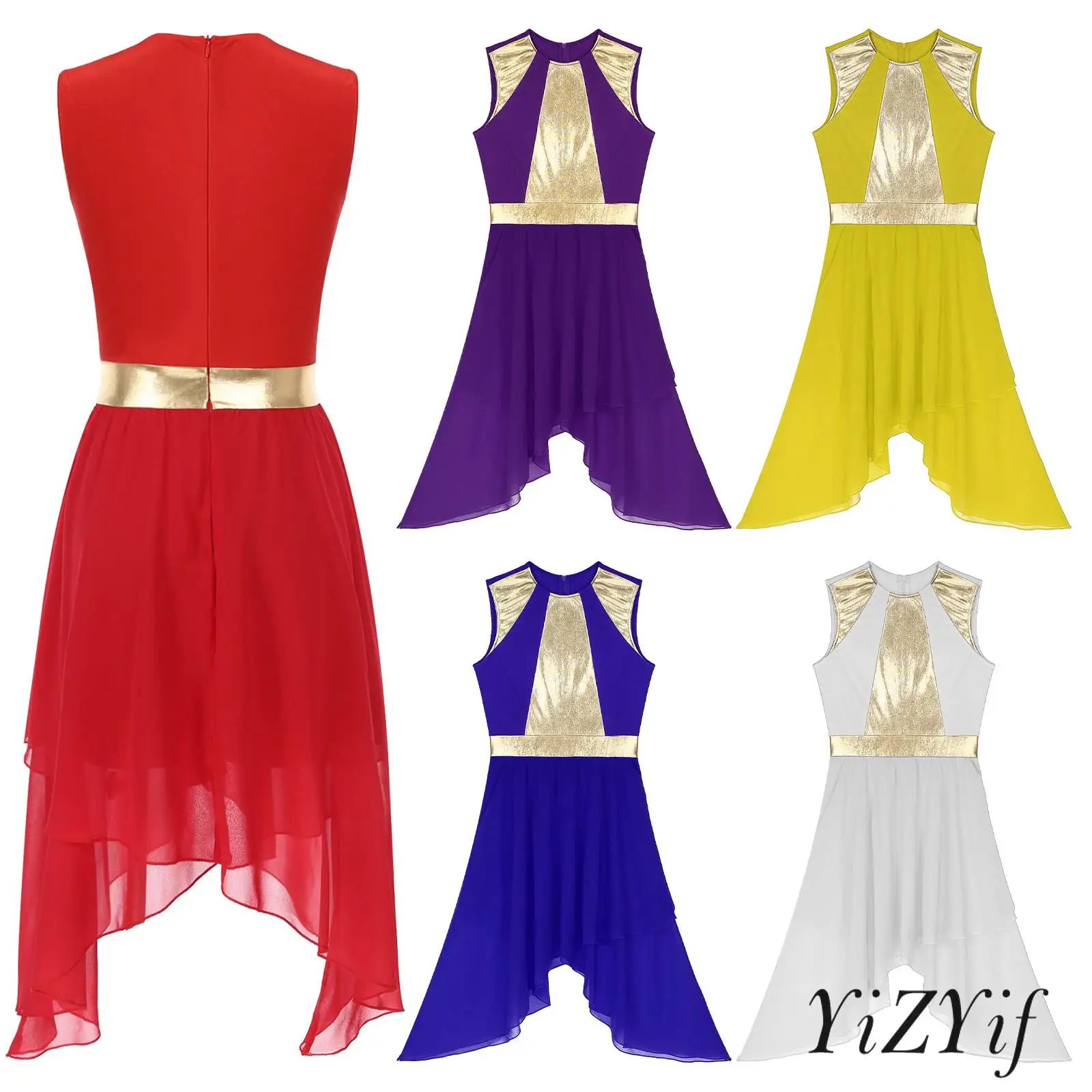 

Womens Lyrical Dance Dress Metallic Shiny Patchwork Asymmetrical Chiffon Skirt Invisible Zipper for Prom Stage Competition
