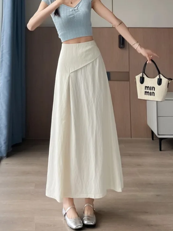 High Waist  Cotton Lin Asymmetrical Half Skirt for Women Summer New Style Open Split Design Long Straight Tube Skirt