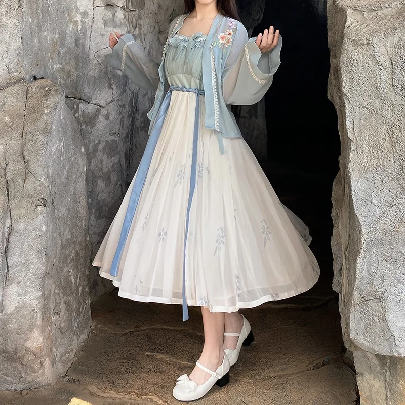 

2023 Chinese Traditional Hanfu Dresses for Women Tang Daynasty Spring Floral Embroidery Blue Purple Female Outfit 3PCS Full Sets