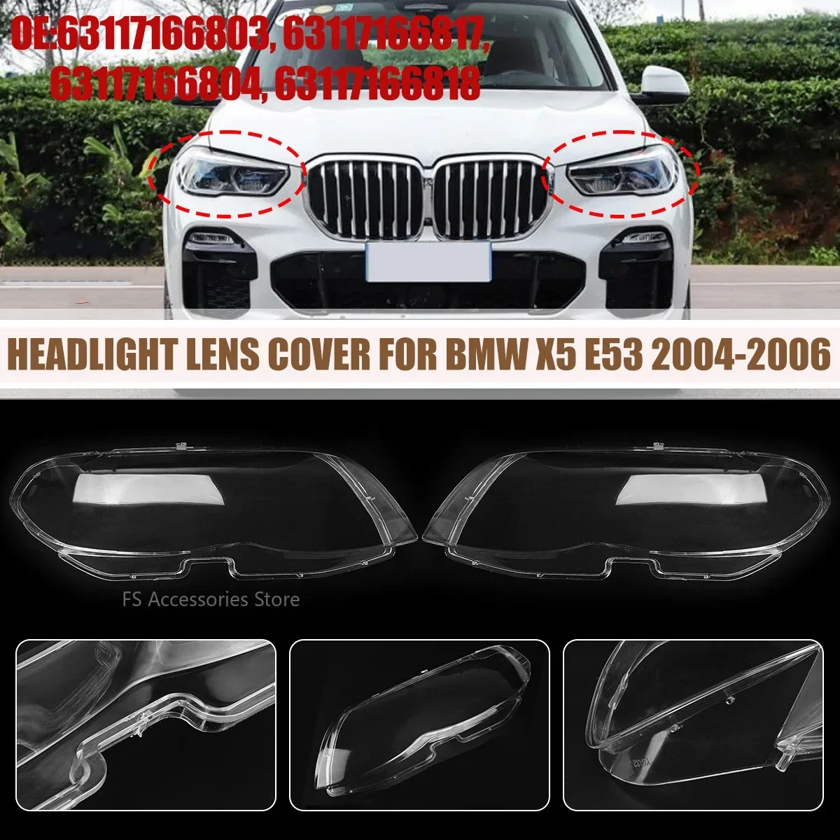 Right&Left Car Headlight Lens Glass Lampcover Cover Lampshade Shell For BMW X5 E53 2004 2005 2006 Headlight Cover