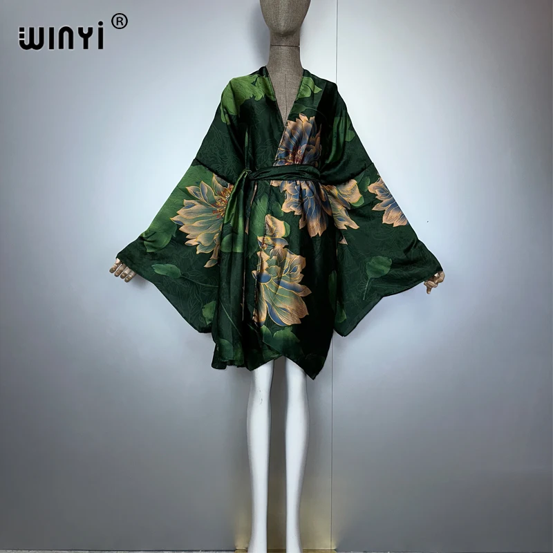 WINYI البوهيمي طباعة كيمونو ملابس الشاطئ النساء لباس سباحة التستر ماكسي سترة غرزة حزام الذاتي عطلة كم طويل طباعة معطف