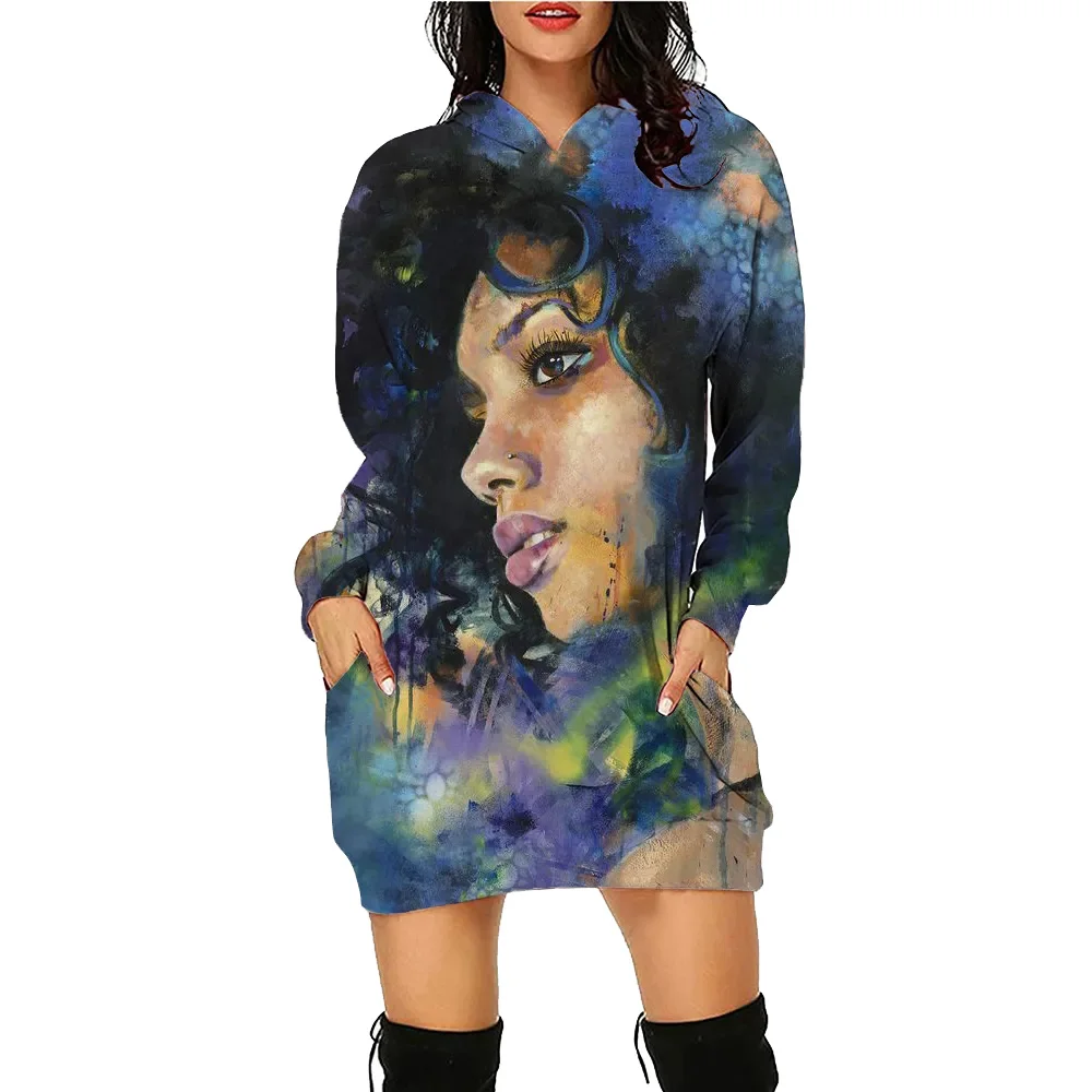 Women's Face Printed Hoodie Dress Y2K Floral Daily Workout Hoodies Long Sleeve Pullover Autumn Winter Loose Tee Traf Vestido