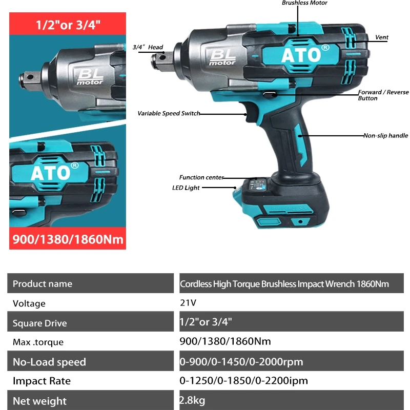 ATO Power Tools Brushless Cordless Impact Wrench  3/4 High Torque Electric Impact Wrench 1860NM For Makita 18V Battery