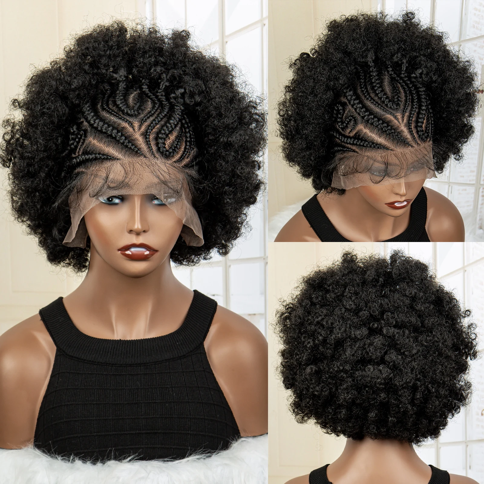 New Synthetic 13x6 Lace Frontal Braided Wig Kinky Curly Hair Wigs Curly Bob Wig with Buns for Afro Balck Women with Baby Hair