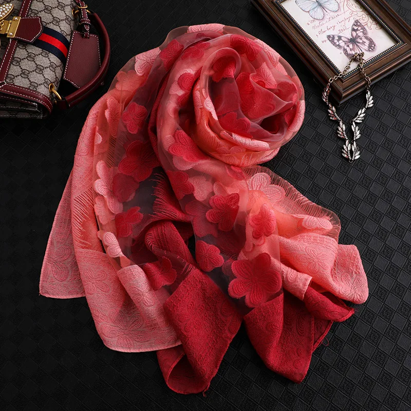 Double-Color Matching Women Scarf 70*190 Cm Female Fashion Cut Flower Hollow Petal Imitation Silk Wool Scarf Versatile Scarf