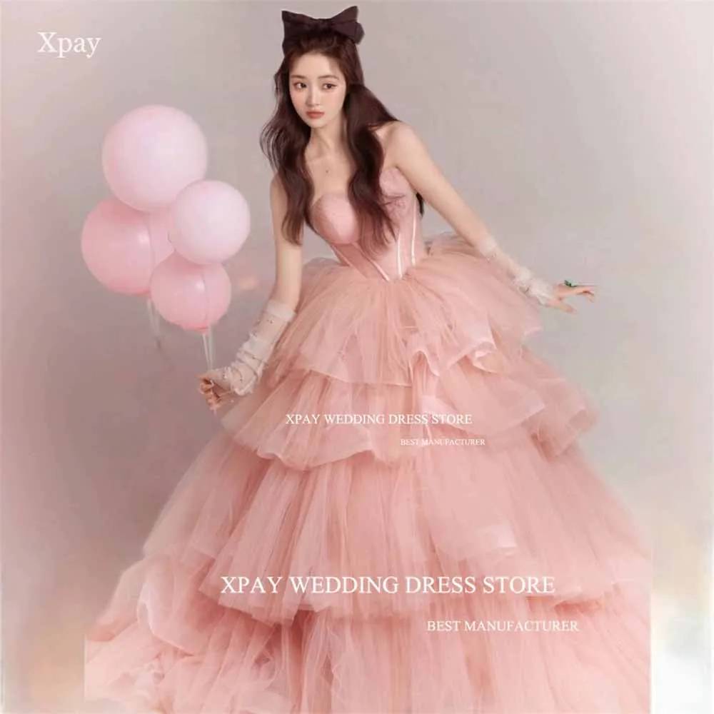 XPAY Blush Pink Sweetheart Korea Evening Dresses A Line Sleeveless Ruched Tiered Formal Party Prom Gown For Wedding Photos Shoot