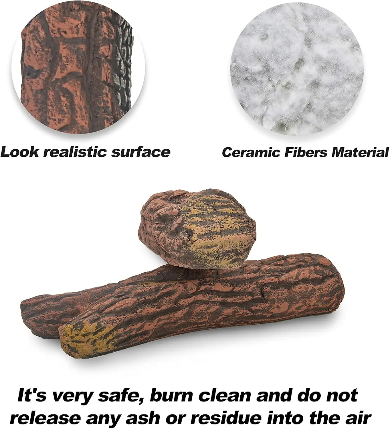 4-Piece Ceramic Wood Logs for Ventless, Gel, Ethanol, Electric, Gas, Propane Fireplaces & Fire Pits