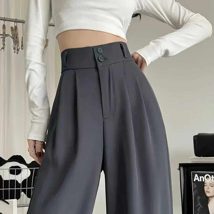 

Elegant High Waist Baggy Straight Pants Korean Wide Leg Women Chic Long Trousers Autumn Fashion Buttons Casual Female Suit Pant