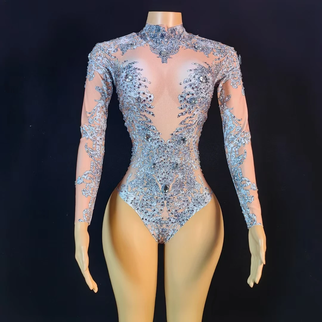 Handmade Purple Diamond Crystal Long Sleeved Jumpsuit Dance Performance Costumes Stage Wear Lady Club Birthday Party Bodysuits