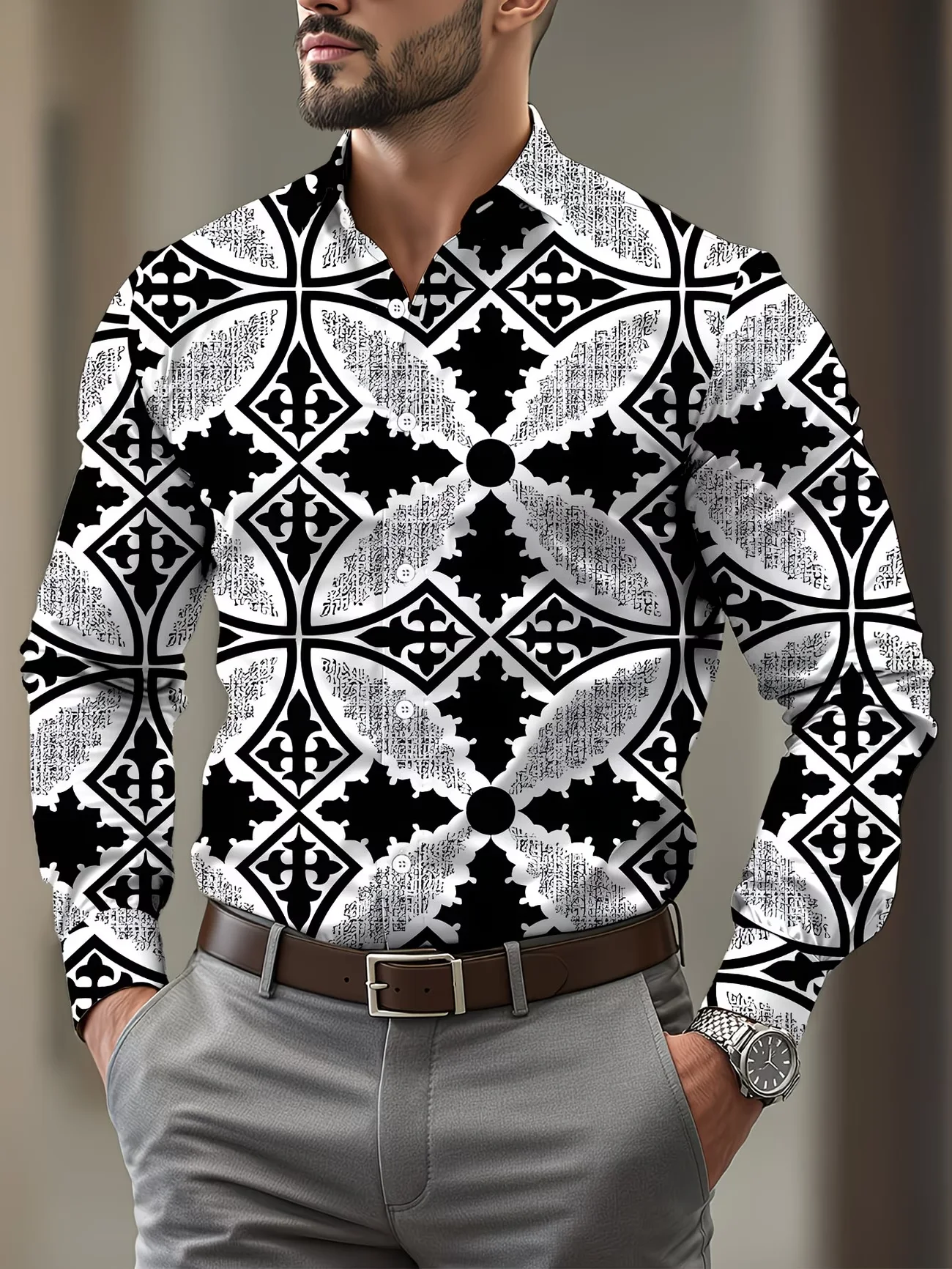 New black and white splicing geometric ethnic pattern men's long sleeved shirt, retro style casual flower shirt