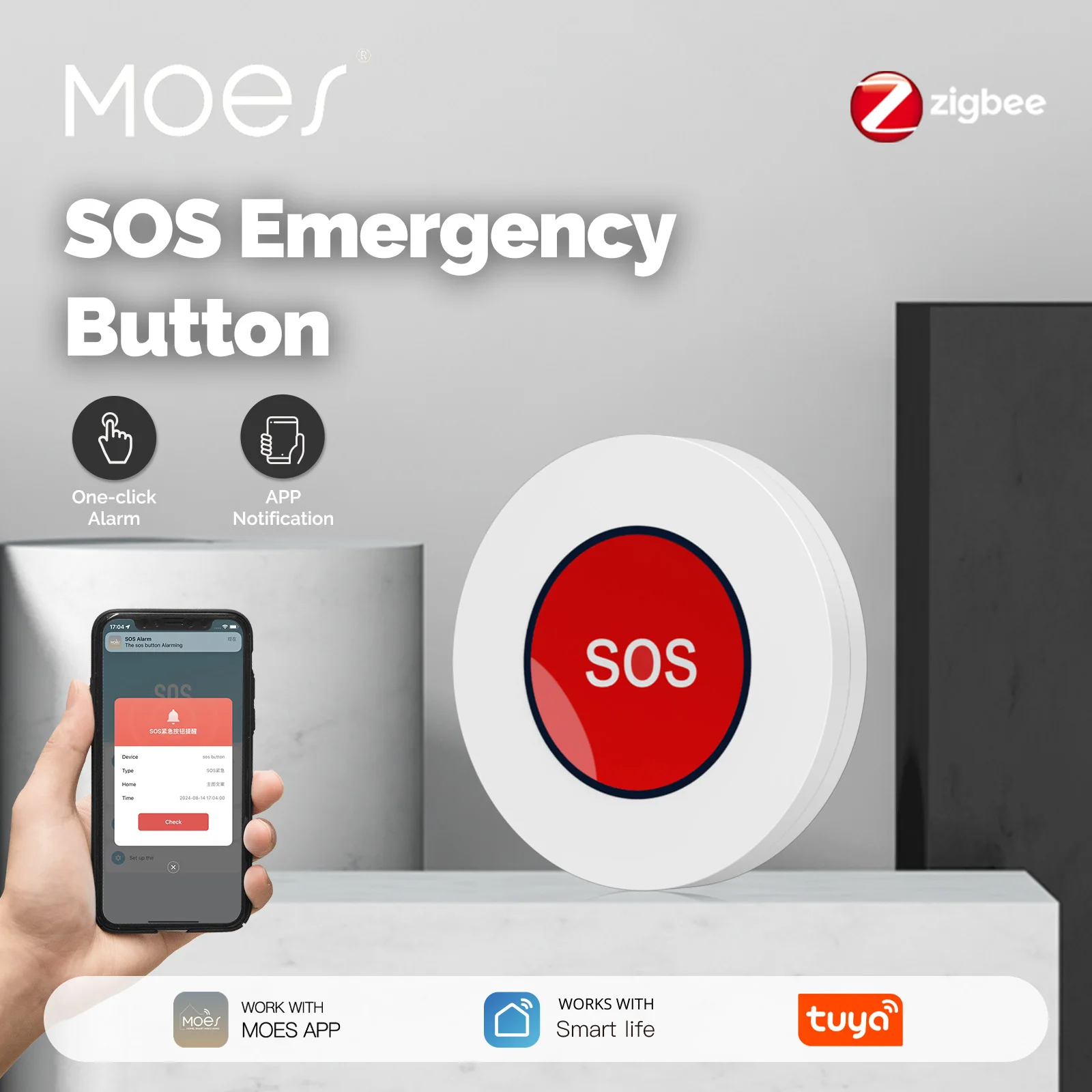 MOES Tuya ZigBee SOS Emergency Button Alarm One Click Suitable for Elderly Children Patient Elderly Group Best Assistant APP