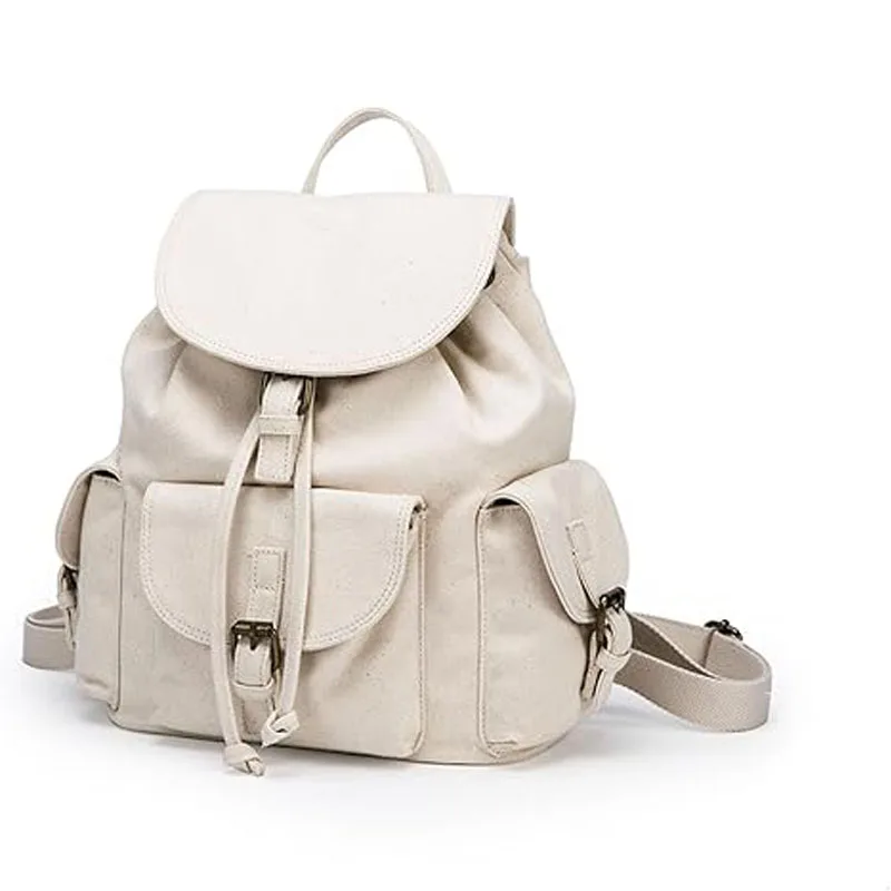 

Beige pull rope sealed canvas backpack