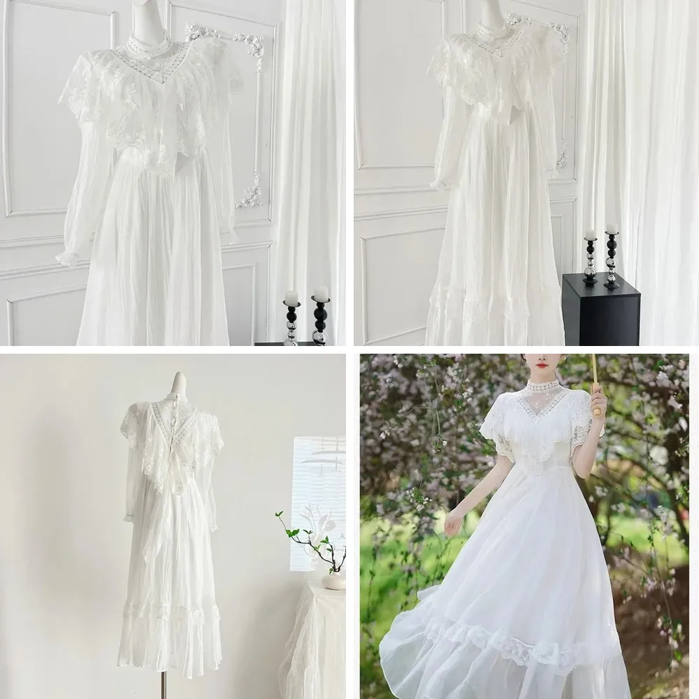 

Vintage White Chiffon Dress with Lace & Ruffles, Elegant French Fairy Evening Gown for Women