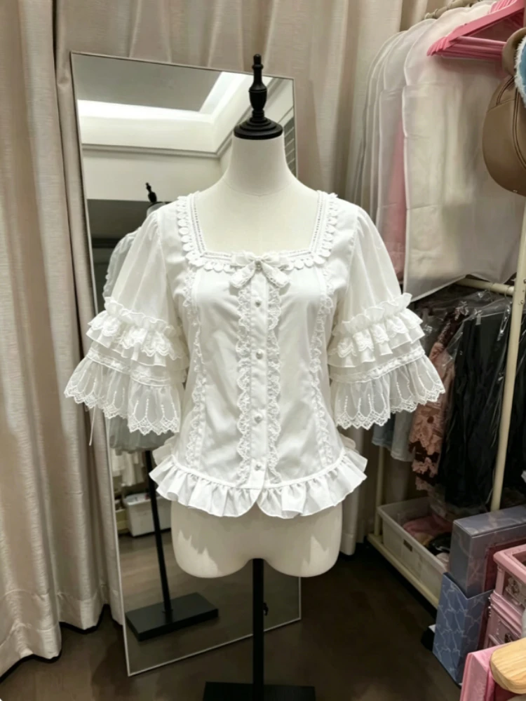 

Y2K Retro Lolita Shirts for Women Elegant Square Collar Lace Flare Half Sleeve Sweet Button Front Fashion Blouse New Arrival