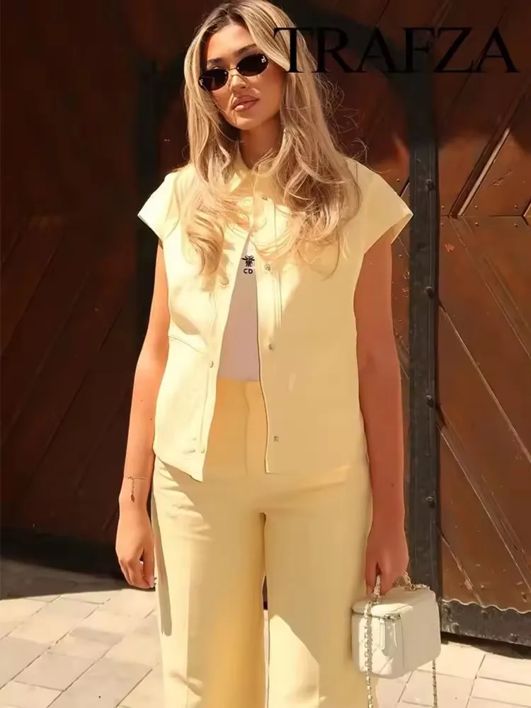 스트리트 패션 조끼 바지 세트 여성 투피스 라펠 반팔 조끼 와이드 레그 바지 2025 여름 캐주얼 의상