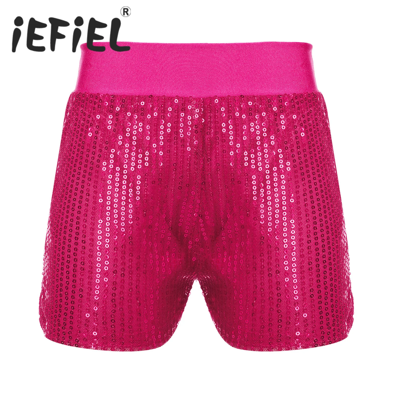Kids Girls Sequins Dance Shorts Elastic Waist Soft Lined Dance Competition Costumes for Jazz Modern Dance Stage Performance