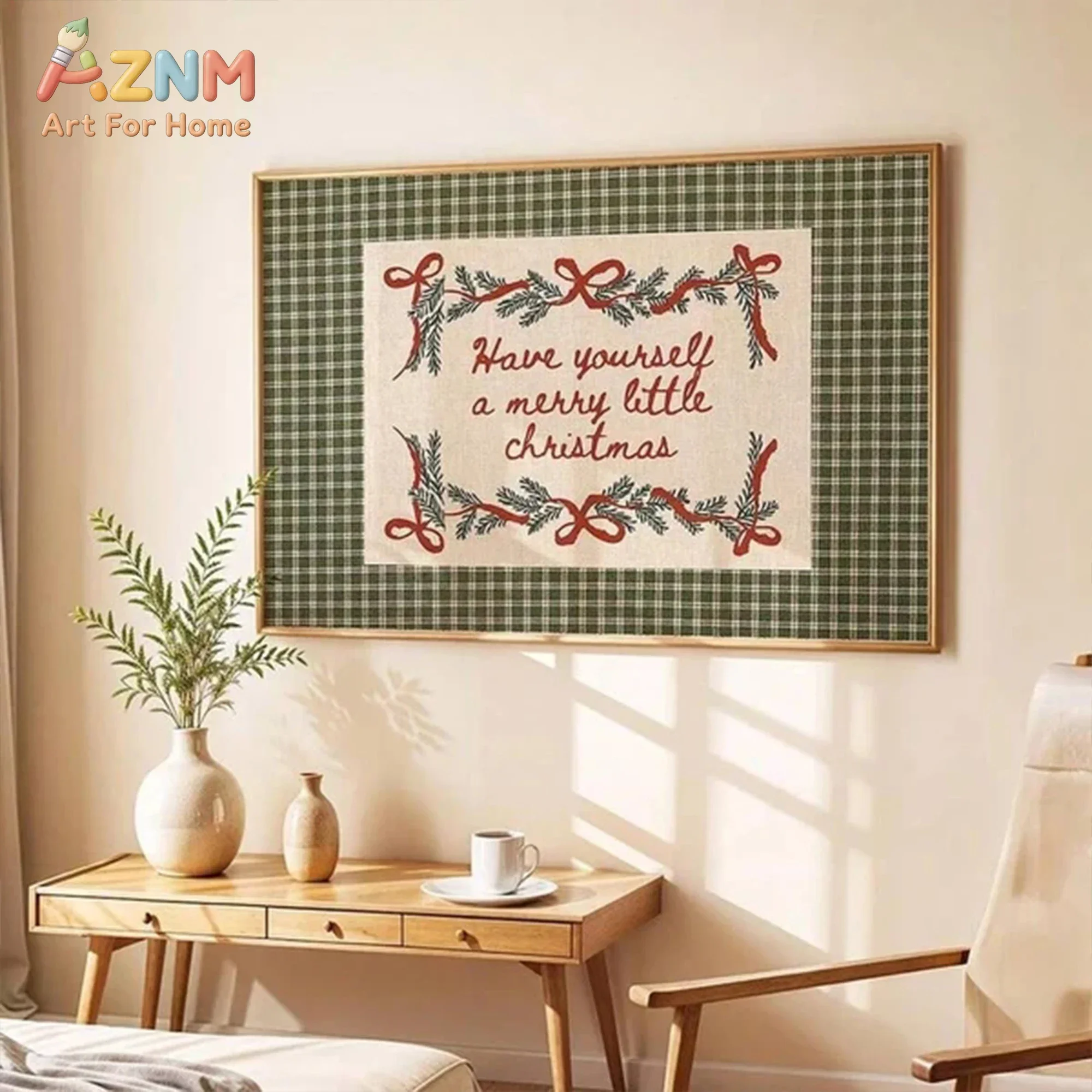 AZNM Have Yourself A Merry Little Christmas Canvas Wall Art Green Gingham Pine Sprig Red Bow Quote Print Painting for Xmas Livin