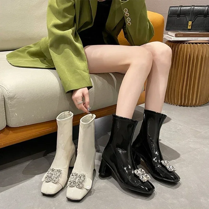 Winter Fashion Crystal Chelsea Boots Women Ankle Boots Ladies High Heels Casual Shoes Sexy Pumps Goth Booties Designer Shoes